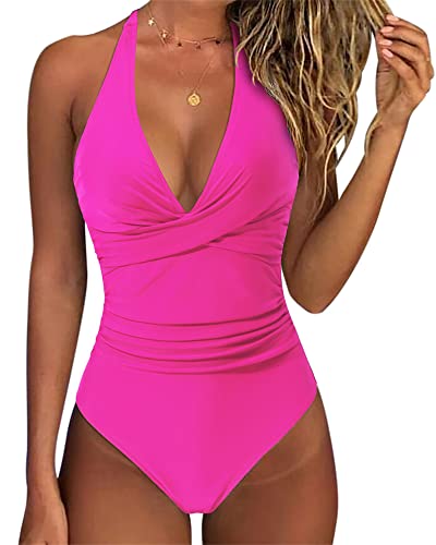 SUUKSESS Women Sexy Tummy Control One Piece Swimsuits Halter Push Up Monokini Bathing Suits (Hot Pink, M)