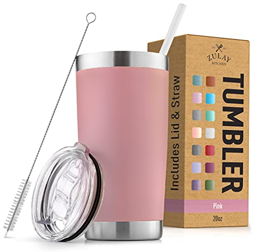 Zulay 20oz Stainless Steel Tumbler With Lid and Straw - Sweat-Free Travel Coffee Mug Tumbler Cups - Double Walled Insulated Travel Mug For Hot and Cold Drinks (Pink)