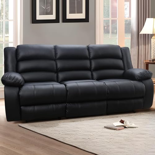 EBELLO Faux Leather Manual Reclining Sofa with 2 Concealed Cup Holders,Overstuffed Armrest 3 Seat Recliner Sofa, Couch for Living Room, Bedroom, Meeting Room, Black, Sofa