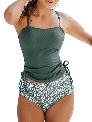 CUPSHE Women's Tankini Set Two Piece Swimsuit Ruched Drawstring Bathing Suits with High Waisted Bottom Rib,L