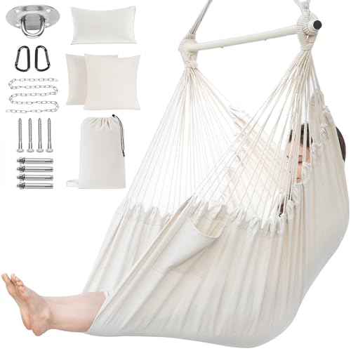 PNAEUT Modern Style Hammock Hanging Chair Swing for Outdoor Indoor Bedroom with 2 Cushions and Pillow Steel Spreader Bar Max 550lbs Capacity (Beige)
