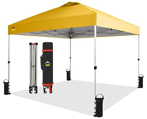 CROWN SHADES 10x10 Pop Up Canopy, Patented Center Lock One Push Instant Popup Outdoor Canopy Tent, Newly Designed Storage Bag, 8 Stakes, 4 Ropes, Yellow