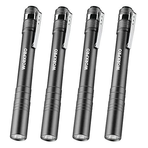 WORKPRO LED Pen Light, Aluminum Pen Flashlights, Pocket Flashlight with Clip for Inspection, Emergency, Everyday, 8AAA Batteries Include, Gray(4-Pack)