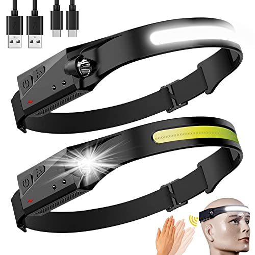 Rechargeable LED Headlamp 2 Packs,COB230° Wide Beam Headlamps, 5 Modes of Lightweight Headlamps with Motion Sensors, Type-C USB Charging Headlamps,Suitable for Night Running,Fishing, Cycling, Camping