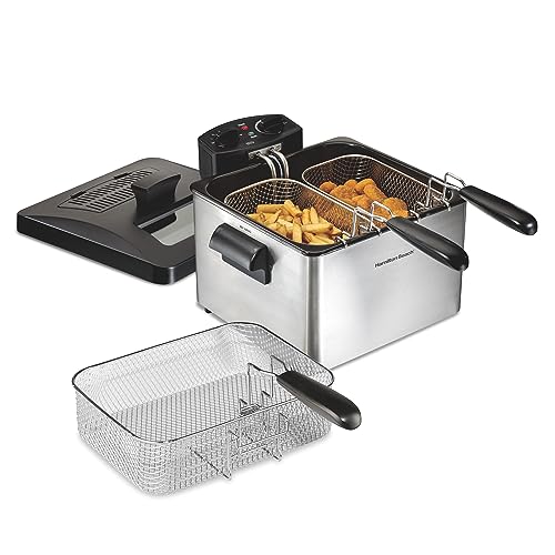 Hamilton Beach Triple Basket Electric Deep Fryer, 4.7 Quarts / 19 Cups Oil Capacity, Lid with View Window, Professional Style, 1800 Watts, Stainless Steel (35034)