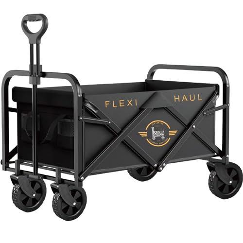 FLEXIHAUL: Collapsible Foldable Wagon cart. Perfect as a Beach Cart, Garden Cart, Shopping cart or Your Grocery Cart on Wheels. All Terrain Wheels. No Assembly Required!… (Black)