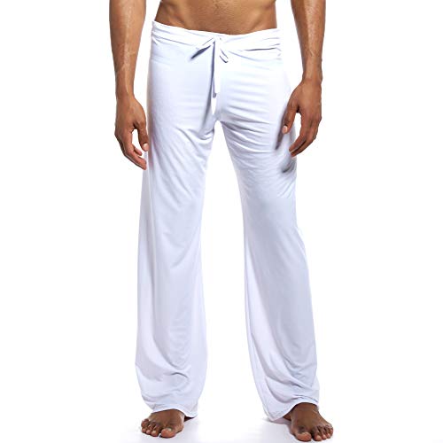 K-Men Mens White Pajama Pants Low Rise Long Yoga Pants Casual Sleep Bottoms M