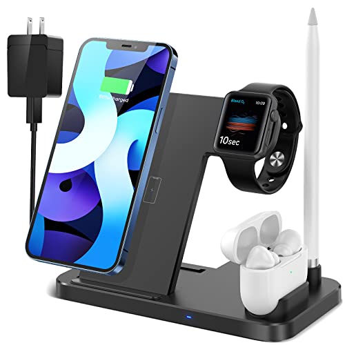 4 in 1 Wireless Charging Station,2021 Upgraded Fast Charging Dock Stand for iWatch Series 7/6/SE/5/4/3/2, AirPods & Pencil, Compatible with iPhone13/12Pro/11/XS/XR/8/Samsung