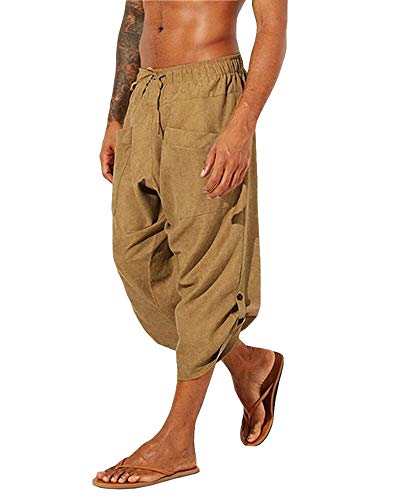 Gafeng Mens Yoga Capri Pants Casual Elastic Waist Drawstring Sports Cotton Linen Boho Harem 3/4 Pants with Pockets
