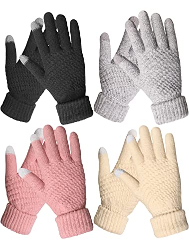 4 Pairs Womens Winter Gloves Warm Touch Screen Knit Fleece Gloves for Women Cold Weather (Black, Gray, Pink, Beige, One Size)
