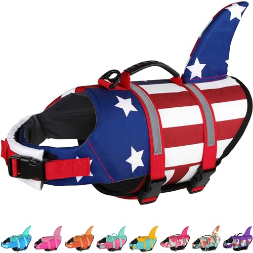 Dogcheer Dog Life Jacket Shark, American Flag Dog Life Vest with Reflective Stripes & Rescue Handle, Adjustable High Buoyancy Dog Swim Vest for Small Medium Large Dogs(Red & Dark-Blue, XS)