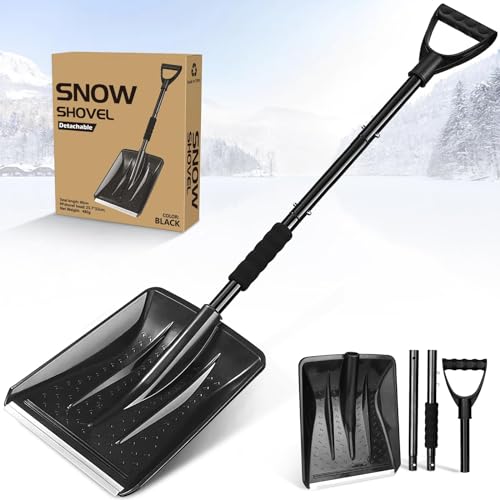 Snow Shovel for Car Driveway - 4 in 1 Survival Shovel with Aluminum Handle and Wide Ice Scrape, Lightweight Sport Utility Detachable Shovel for Garden, Car, Camping