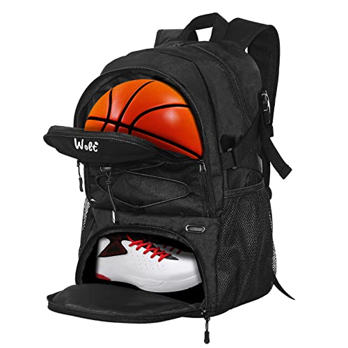 WOLT | Basketball Backpack Large Sports Bag with Separate Ball holder & Shoes compartment, Best for Basketball, Soccer, Volleyball, Swim, Gym, Travel(Black)