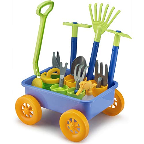 Liberty Imports Pull Along Garden Wagon and Gardening Tools Toy Play Set for Toddlers, Kids with Outdoor Tools, Plant Pots, Accessories