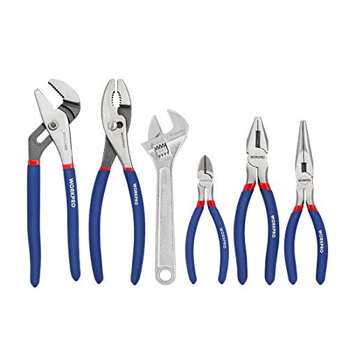 WORKPRO Large Pliers & Wrench Set 6-Piece (10' Water Pump Pliers, 10' Slip Joint Pliers, 8' Long Nose Pliers, 8' Linesman Pliers, 6' Diagonal Pliers, 8' Adjustable Wrench) for DIY & Home Use, W001329A