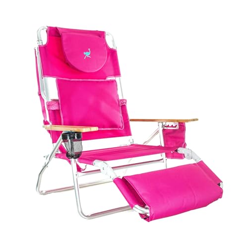 Ostrich Deluxe 3 in 1 Beach Chair with Face Opening - Portable, Reclining Lounger for Tanning - Face Hole for Reading on Stomach - Padded Footrest, Removable Pillow - Aluminum