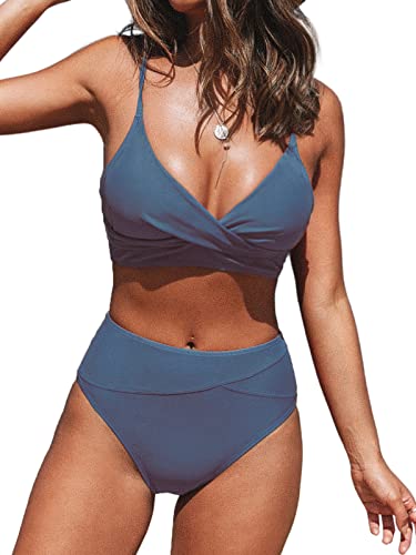 CUPSHE Women's Bikini Sets Two Piece Swimsuit High Waisted V Neck Twist Front Adjustable Spaghetti Straps Bathing Suit, L Blue