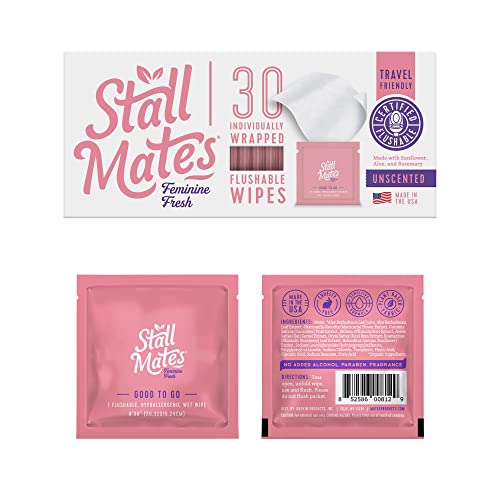 Stall Mates Wipes Feminine Fresh: Flushable, individually wrapped feminine wipes for travel. Unscented and PH balanced with Sunflower, Rosemary and Aloe (30 on-the-go singles)