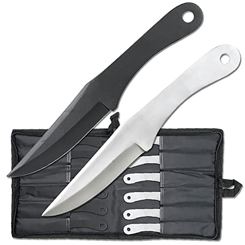 Perfect Point Throwing Knives – Set of 12 – 6 Satin Finish and 6 Black Stainless Steel Throwing Knives, Includes Nylon Sheath, Full Tang Construction, Well Balanced, – PAK-712-12