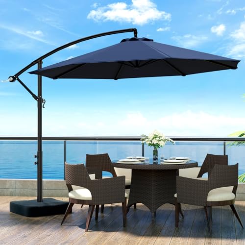 OLILAWN 10ft Patio Umbrella with Base Included, Outdoor Offset Cantilever Umbrella w/Easy Tilt Adjustment, Polyester Shade, Sturdy 8 Rids for Pool, Market, Deck, Backyard, Lawn&Garden - Navy Blue