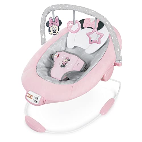 Bright Starts Minnie Mouse Rosy Skies Baby Bouncer with Vibrating Infant Seat, Music & 3 Playtime Toys, 23x19x23 Inch (Pink)