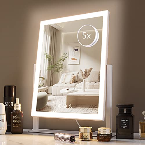 HIEEY Lighted Makeup Mirror, Hollywood Vanity Mirror with Lights, Three Color Lighting Modes, and 5X Magnification Mirror, Smart Touch Control, 360°Rotation (15.2in. White)