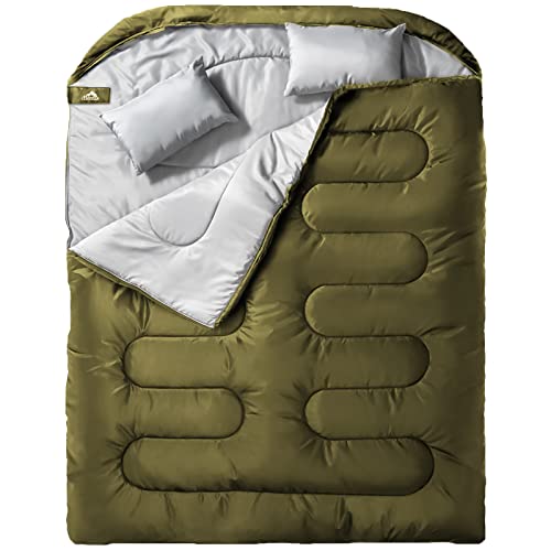 MEREZA Double Sleeping Bag for Adults Mens with Pillow, XL Queen Size for All Season Camping Hiking Backpacking 2/Two Person Sleeping Bags for Cold Weather & Warm Green