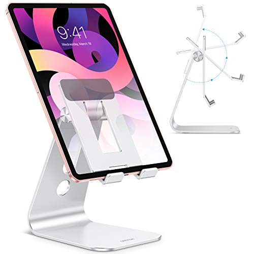 Adjustable Tablet Stand for Desk, Upgraded Longer Arms for Greater Stability, OMOTON T2 iPad Stand Holder with Hollow Design for Bigger Sized Phones and Tablets Such as iPad Pro/Air/Mini, Silver