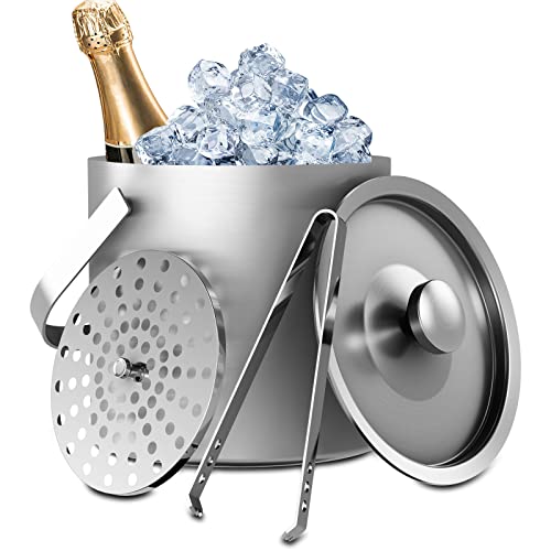 Sunmeyke Small Ice Bucket for Parties and Cocktail Bar(1.7 Quarts), Stainless Steel Insulated Mini Ice Bucket, with Ice Tongs and Lid Cover with Sealing Silicone