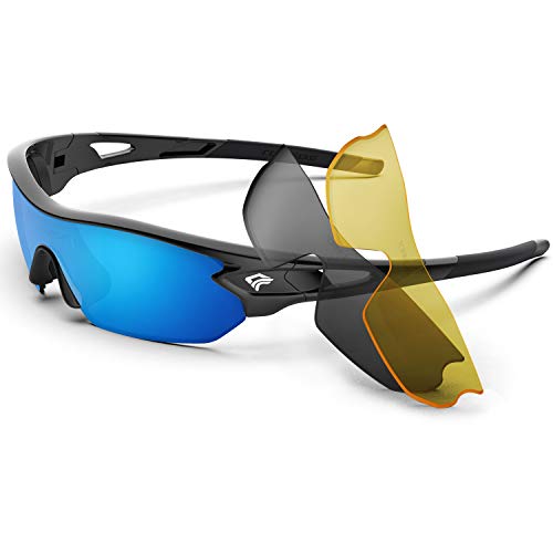 TOREGE Polarized Sports Sunglasses for Men Women Cycling Running Driving Fishing Golf Baseball Glasses TR002 Upgrade (Black&Ice blue lens)