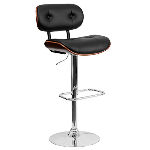 Flash Furniture Magnus Walnut Bentwood Adjustable Height Barstool with Button Tufted Black Vinyl Seat