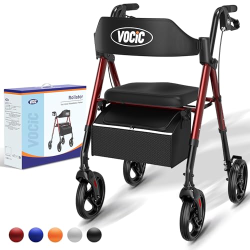 VOCIC Walkers for Seniors,Foldable Walker with Seat,Rollator Walker with Durable Aluminum,8' Big Wheels for All Terrain, Ergonomic Seat and Backrest,Dual Adjustable Height Rolling Walker| Gloria Red