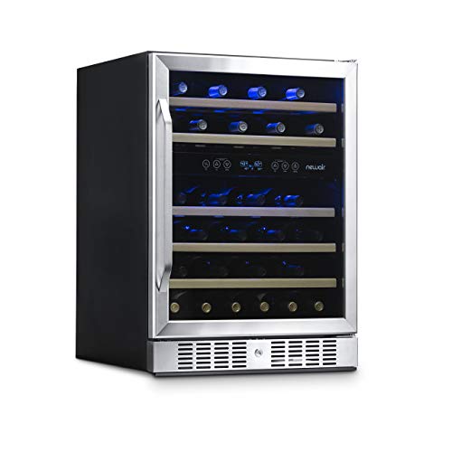 NewAir 24' Built-in 46 Bottle Dual Zone Compressor Wine Fridge in Stainless Steel, Quiet Operation with Beech Wood Shelves