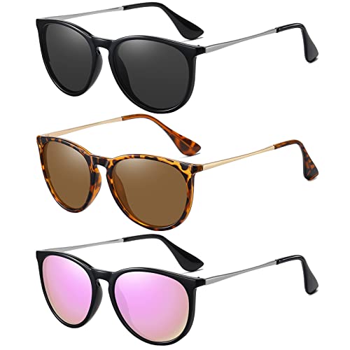 Sunglasses for Women Men Vintage Polarized Women Sunglasses Round Classic Retro Sunglasses UV Protection Lens,3 Pack