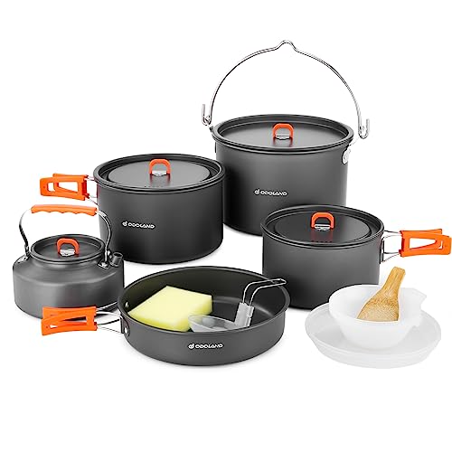 Odoland 18pcs Camping Cookware Large Size Hanging Pot Pan Kettle Set with Plastic Plates Bowls Soup Spoon for Camping, Backpacking, Outdoor Cooking and Picnic
