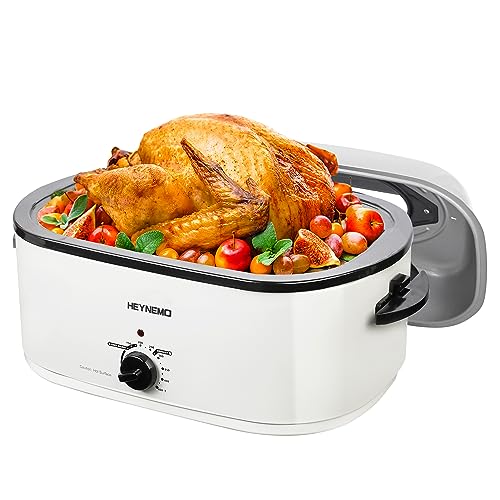 26 Quart Electric Roaster Oven with Visible & Self-Basting Lid, Large Turkey Defrost Warm Function, Adjustable Temperature, Removable Pan Rack, Stainless Steel, White