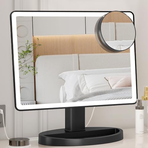 Large Lighted Vanity Makeup Mirror (X-Large Model)- 3 Color Lighting Modes Light Up Mirror with 88 LED, 360° Rotation Touch Screen and 10X Magnification Tabletop Cosmetic Make Up Mirror (Black)