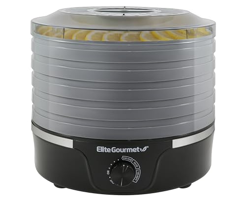 Elite Gourmet EFD319BNG Food Dehydrator, 5 BPA-Free 11.4' Trays Adjustable Temperature Controls, Jerky, Herbs, Fruit, Veggies, Dried Snacks, Black and Grey, 5 Trays
