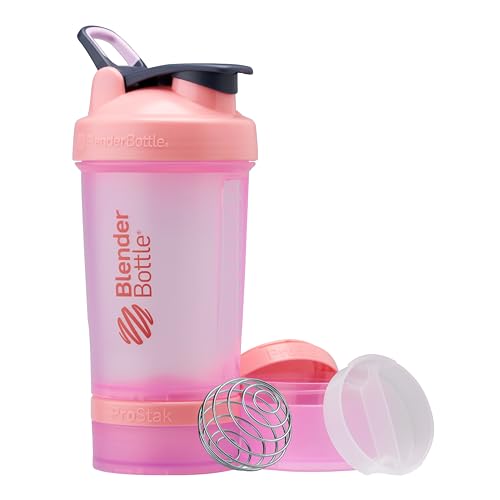 BlenderBottle Shaker Bottle with Pill Organizer and Storage for Protein Powder, Classic V2 ProStak System, 22-Ounce, Pink