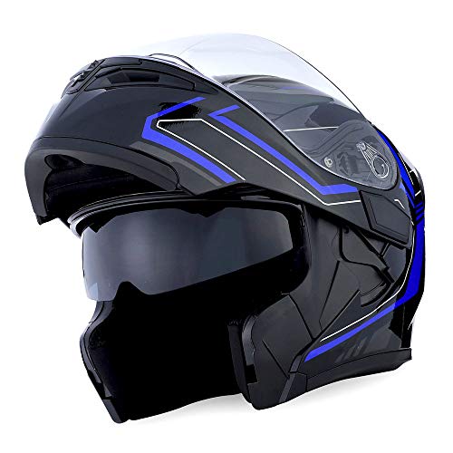 1Storm Motorcycle Modular Full Face Helmet Flip up Dual Visor Sun Shield: HB89 Arrow Blue