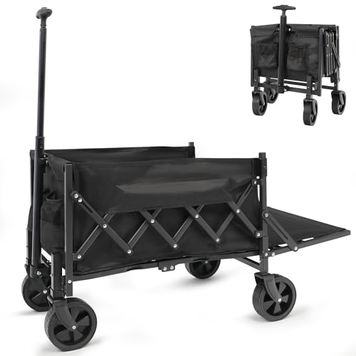 Collapsible Foldable Wagon, Beach Cart Large Capacity, Heavy Duty Folding Wagon Portable, Collapsible Wagon for Sports, Shopping, Camping (Black, 1 Year Warrant)