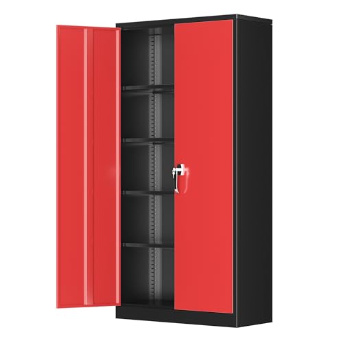 Greenvelly Metal Garage Storage Cabinet with Lock, 72”Metal Storage Cabinet with 2 Doors and 4 Adjustable Shelves, Steel Tool Cabinet for Garage,Home Office, School,Gym (Black Red)