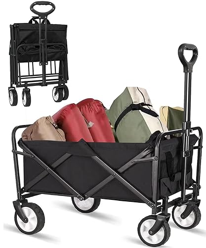 Wagon, Collapsible Folding Outdoor Utility Wagon, Garden Carts for Sports, Shopping, Camping (Black/1 Year Warrant)