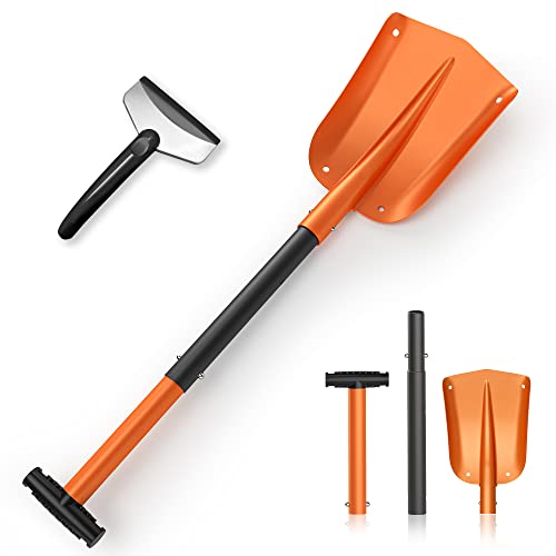 VOLTASK Snow Shovel for Car, Aluminum 3-Piece Collapsible, 32'' Lightweight Compact Sport Utility Shovel with Ice Scraper for Car Emergency, Camping, Garden, Beach
