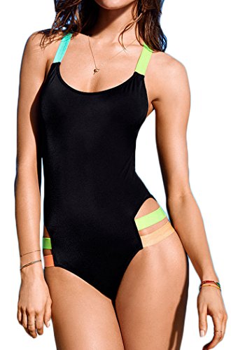 Halife Women's Fluorescent Strap One-Piece Bikini Monokini Swimwear (L, Black)