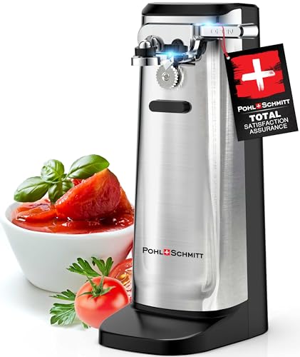 POHL SCHMITT Electric Can Opener with Knife Sharpener & Bottle Opener - Easy Push Down Lever - For All Standard-Size & Pop-Top Cans - Durable Stainless Steel & ABS