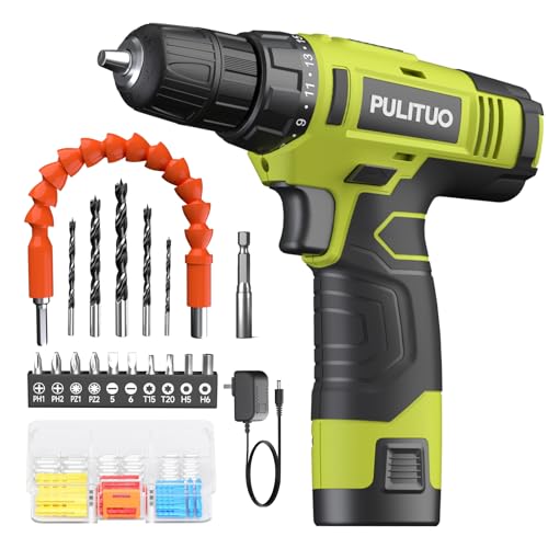 PULITUO 12V Green Cordless Drill Set Power Drill Kit with Battery and Charger,electric drill home improvement,3/8-Inch Keyless Chuck,Built-in LED,21+1 Torque Setting small drill