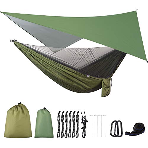 FIRINER Camping Hammock with Rainfly Tarp and Mosquito Net Portable Single Double Hammock Tent with Tree Strap Outdoor Hammock Set for Backpacking Hiking Travel Yard Activities Green