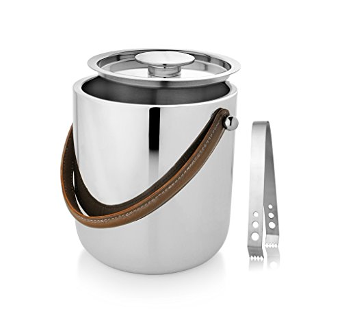 Francois et Mimi 18/10 Stainless Steel Double Wall 3L Capacity Ice Bucket with Leather Handle, Lid and Stainless Steel Ice Tongs