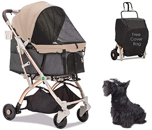 HPZ Pet Rover Lite Premium Light-Weight Dog/Cat/Pet Stroller Travel Carriage with Convertible Compartment/Zipper-Less Entry/1-Hand Quick Fold/Aluminum Frame for Small & Medium Pets (Taupe 2nd-Gen.)